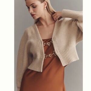 NEW Anthropologie tan brown Sweater Metal hardware gold clasps Rhea cardigan
